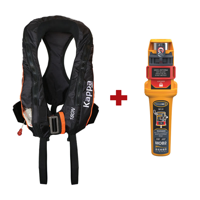 Kappa Inflatable Lifejacket, Auto,180N,with JS1, with Double Crotch & Harness, ISO, Adult,with Ocean Signal MOB2, Set