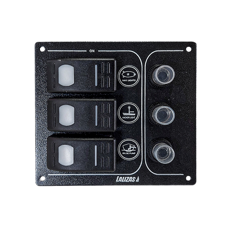 Switch Panel ''SP3 Offshore'',3 waterproof switches w/ bulb /3 Reset fuses,Inox,12V,115x110mm, Blacκ_5288_5288