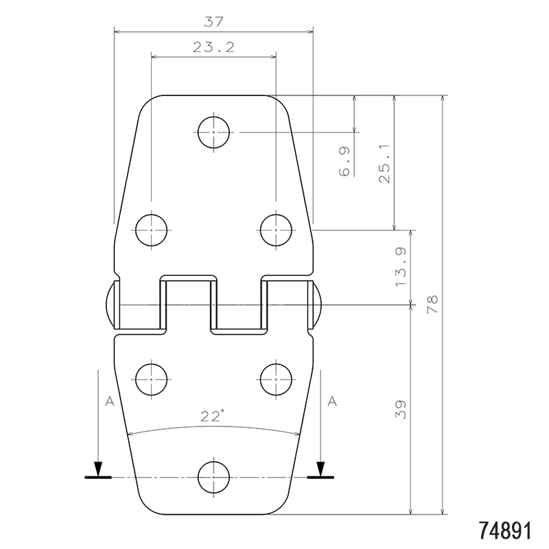 Silent Hinge, Inox 316, L78mm, W37mm, Thickness 1,8mm_5413_5432