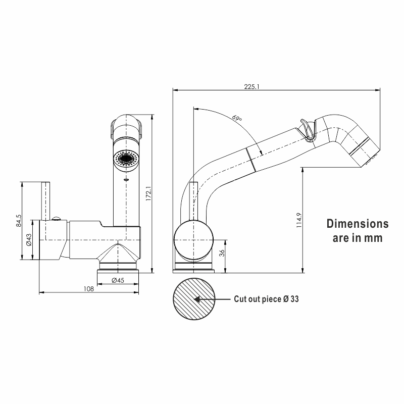 CASCATA Faucet w/ Adjust. Flow Sprayer & Pull-Out Shower Tube 150cm_5487_5490