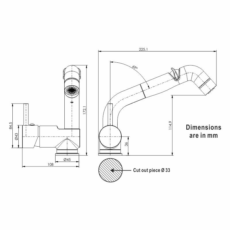 CASCATA Faucet w/ Adjust. Flow Sprayer & Pull-Out Shower Tube 150cm_5487_5490