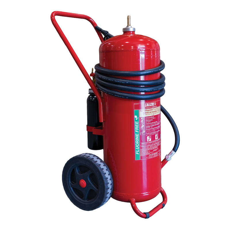 LALIZAS Fire Extinguisher Wheeled PFAS Free Foam, Cartridge Operation ,Stainless Steel, with Hose & Horn, SOLAS/MED (EN,GR,ES,CN)_6931_6931