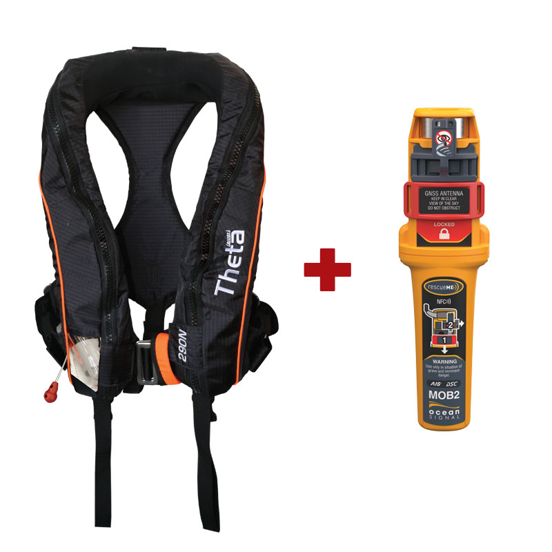 Theta Inflatable Lifejacket, Auto, 290N, with JS1, with Sprayhood, Double Crotch & Harness, ISO, Adult, with Ocean Signal MOB2, Set
