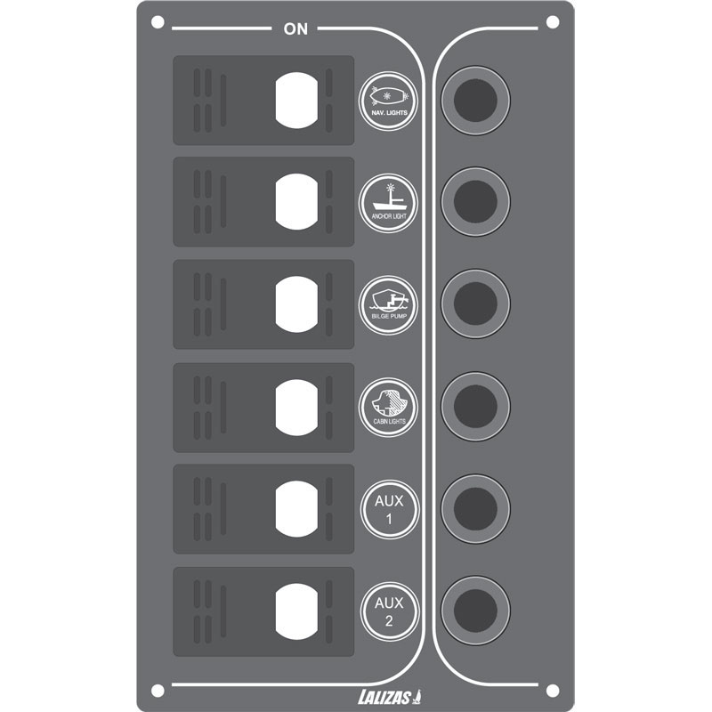 Switch Panel ''SP6 Offshore'',6waterproof switchesw/ bulb and 6 Reset fuses, Inox,12V,115x194mm,Black